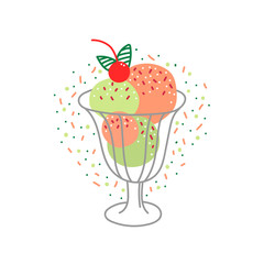 Vector flat illustration with color ice cream. Hand drawn ice cream on white background. Cute ice cream cone with color topping. Summer design for print, textile, postcard