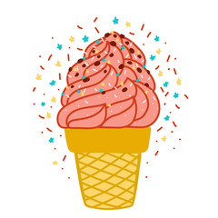 Vector flat illustration with color ice cream. Hand drawn ice cream on white background. Cute ice cream cone with color topping. Summer design for print, textile, postcard