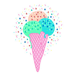 Vector flat illustration with color ice cream. Hand drawn ice cream on white background. Cute ice cream cone with color topping. Summer design for print, textile, postcard
