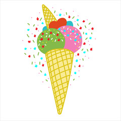 Vector flat illustration with color ice cream. Hand drawn ice cream on white background. Cute ice cream cone with color topping. Summer design for print, textile, postcard