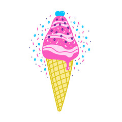 Vector flat illustration with color ice cream. Hand drawn ice cream on white background. Cute ice cream cone with color topping. Summer design for print, textile, postcard