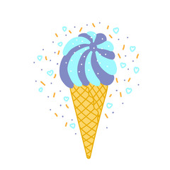 Vector flat illustration with color ice cream. Hand drawn ice cream on white background. Cute ice cream cone with color topping. Summer design for print, textile, postcard