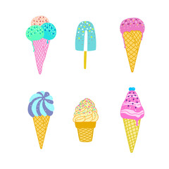 Vector flat illustration with color ice cream. Hand drawn ice cream on white background. Cute ice cream cone with color topping. Summer design for print, textile, postcard