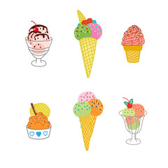 Vector flat illustration with color ice cream. Hand drawn ice cream on white background. Cute ice cream cone with color topping. Summer design for print, textile, postcard