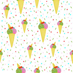 Vector seamless pattern with color ice cream. Hand drawn ice cream on white background. Cute ice cream cone with color topping. Summer design for print, textile, postcard