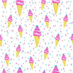 Vector seamless pattern with color ice cream. Hand drawn ice cream on white background. Cute ice cream cone with color topping. Summer design for print, textile, postcard
