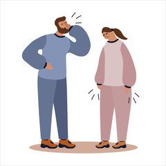 Vector flat illustration with couples with flu or cold symptoms. A man has a cough and a woman has a weakness. Couple having a cold together