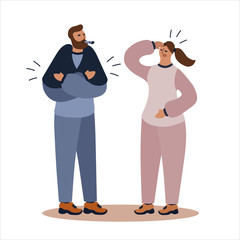 Vector flat illustration with couples with flu or cold symptoms. A man has a fever and a woman has a headache. Couple having a cold together
