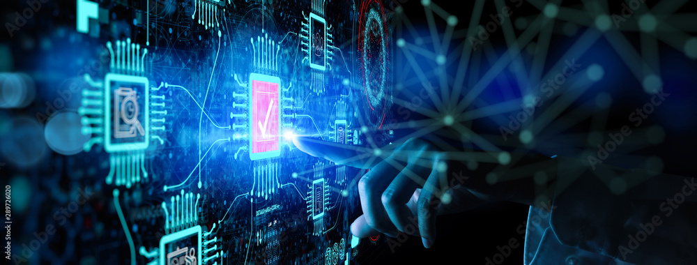 Poster Hand touching with Data Management System (DMS) and Business Analytics concept with servers connected to dashboard.