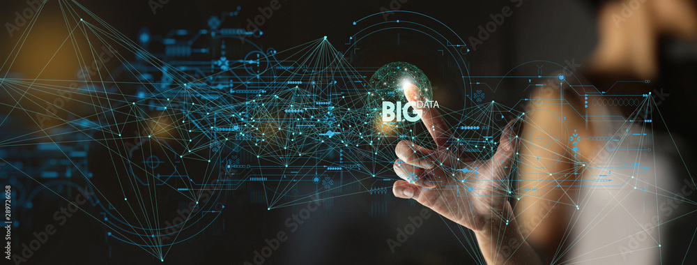 Fototapete Big data world and globe icon ui with hand selecting and pressing Big Data symbol and modern interface.