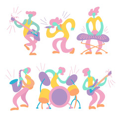 Vector flat illustration with doodle musicians. Music band plays their instruments. Bright color trendy design for print, textile, postcard, advertising, music festivals, musical groups