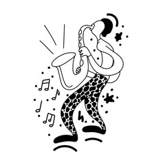 Vector flat illustration with doodle musicians. Music band plays their instruments. Fanny design for print, textile, postcard, advertising, music festivals, musical groups