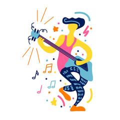 Vector flat illustration with doodle guitar player. Guitarist plays his instruments. Bright color trendy design for print, textile, postcard, advertising, music festivals, musical groups