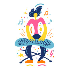 Vector flat illustration with doodle keyboard player. Keyboard player plays his instruments. Bright color trendy design for print, textile, postcard, advertising, music festivals, musical groups