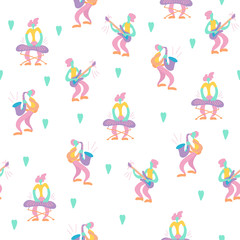 Vector flat seamless pattern with doodle musicians. Endless print with hand drawn  music band plays their instruments. Bright color trendy design for print, textile, postcard, music festivals