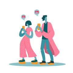 Vector flat illustration with women and men with a device. Modern woman and man use a mobile device. Couple walking and send messages. Concept of modern young people use their smartphones