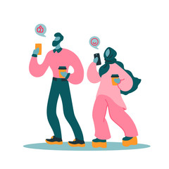 Vector flat illustration with women and men with a device. Modern woman and man use a mobile device. Couple walking and send messages. Concept of modern young people use their smartphones