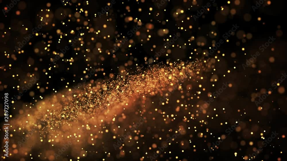 Poster gold glowing particles flow in viscous liquid and bright glisten. science fiction. 4k 3d sci-fi back