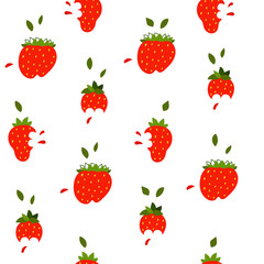 Vector flat seamless pattern with juicy strawberry. Endless print with hand drawn berry on white background. Summer design for print, textile, postcard, advertising, children's design