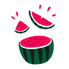 Vector flat illustration with juicy watermelons. Hand drawn watermelon on white background. Summer design for print, textile, postcard , advertising, children's design