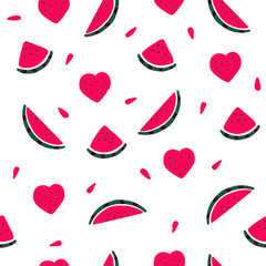 Vector flat seamless pattern with juicy watermelon. Endless print with hand drawn watermelon on white background. Summer design for print, textile, postcard, advertising, children's design