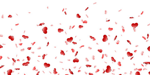 Heart falling confetti isolated white background. Red fall hearts. Valentine day decoration. Love element design, hearts-shape confetti invitation wedding card, romantic holiday. Vector illustration