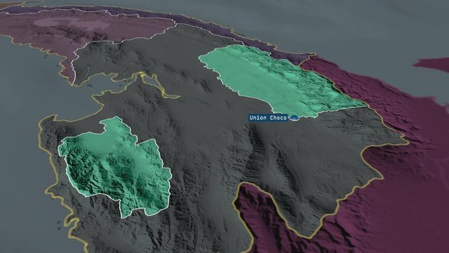 Ember&aacute; - indigenous territory of Panama with its capital zoomed on the administrative map of the globe. Animation 3D