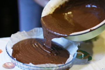 chokolate dough for cake in cooking process with mixer in bowl