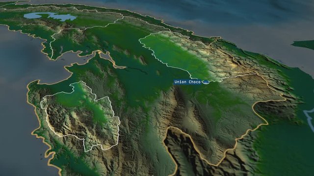 Ember&aacute; - indigenous territory of Panama with its capital zoomed on the physical map of the globe. Animation 3D