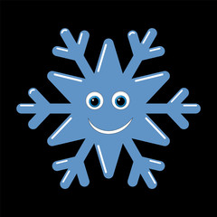 Snowflake smiley baby face. Cute winter blue snow flake, smile, isolated black background. Happy fun character, kid emoticon. Drawing cartoon doodle. Holiday child decoration. Vector illustration