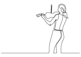 Continuous one line drawing of young girl playing violin vector illustration. Violinist woman performing on the stage. © ngupakarti