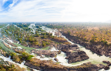 Aerial panoramic 4000 islands Mekong River in Laos, Li Phi waterfalls, famous travel destination...
