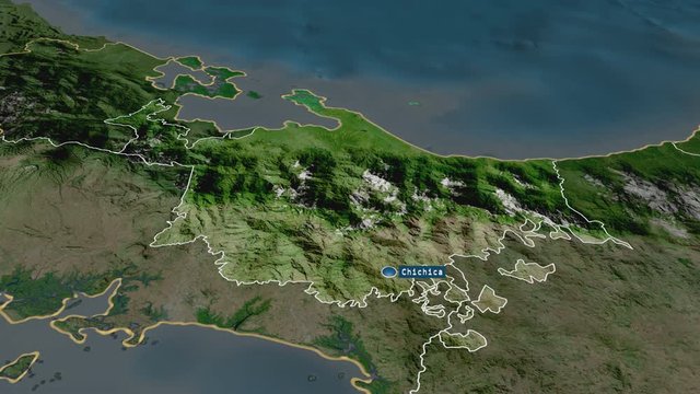 Ng&ouml;be Bugl&eacute; - indigenous territory of Panama with its capital zoomed on the satellite map of the globe. Animation 3D