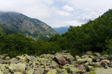 Mountain landscape, lake and mountain range. Dombay, northern caucasus, raw original