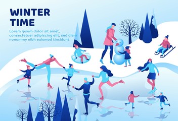 Winter isometric people landing page, 3d vector sport family ice skating, skiing, snowboarding, playing snowballs, simple skater, ski, tubing, riding at mountain, outdoor snow games, ui, ux design - 289733274