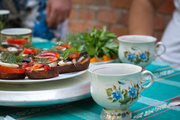 Outdoor picnic, sandwiches with egg, tomato, sprats and teacups, selective focus