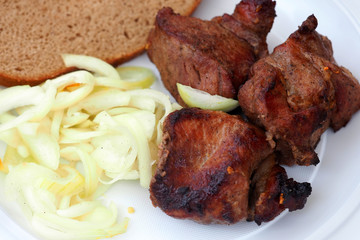 Grilled kebab skewers, pickled onions, bread on disposable dishes close-up