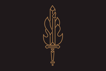 Medieval sword with burning blade among fire flames © RM Elements