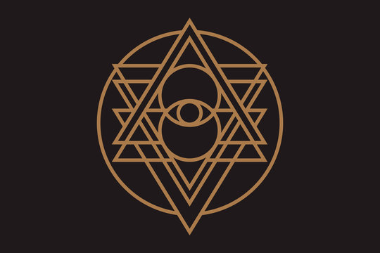 Sacred Geometry Forms with Eye. Vector illustration. Geometric Logo Design, Spirograph Lines. Alchemy Symbol, Occult and Mystic Sign.