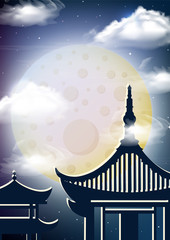 Mid Autumn Festival. Background stars and galaxies. Banner with Moonlight in the Night Sky and place for text. Vector illustration for card, poster, invitation. China, Huashan Mountain,Hong Kong.