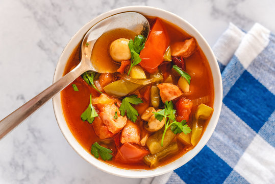 Letcho with yellow and red pepper, zucchini, tomatoes and mushrooms served in a bowl