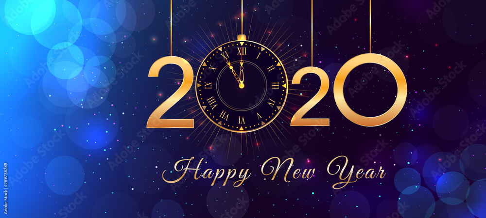 Wall mural 2020 happy new year eve text design with shiny golden numbers and vintage clock on blue background w