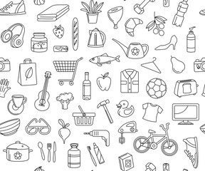 Hypermarket store food, appliances, clothes, toys seamless icons background pattern