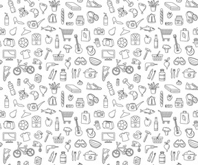 Hypermarket store food, appliances, clothes, toys seamless icons background pattern