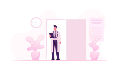 Health and Medicine Concept with Young Doctor in White Robe and Stethoscope on Neck Stand at Cabinet Door Entrance Inviting Next Patient for Appointment Consultation Cartoon Flat Vector Illustration