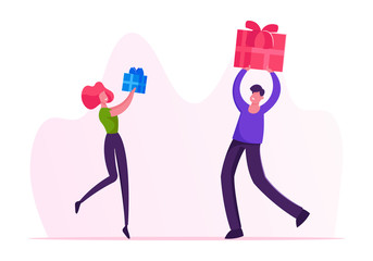 Male and Female Characters Giving Presents to Each Other on Winter Holidays or Birthday Celebration. Festive Event with Gifts. Happy Loving Couple or Friends Greetings Cartoon Flat Vector Illustration