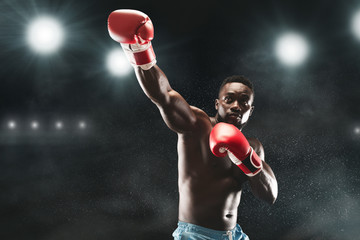 Picture of professional black mma boxer fighting on stadium arena