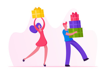 Fototapeta premium Happy People Carry Gift Boxes Wrapped with Festive Bow. Male and Female Characters Prepare Presents for Family and Friends on Winter Holidays or Birthday Celebration. Cartoon Flat Vector Illustration