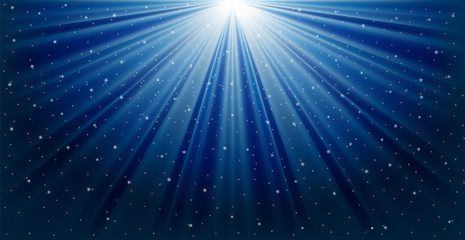 Christmas banner. Background xmas design of bright blue sky with white rays with sparkling dots and stars. Horizontal christmas background, greeting cards, website, blank space for text.