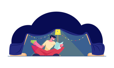 Happy Man Sitting at Tent with Glowing Lamp and Colorful Christmas Garland Reading Book and Drinking Beverage at Cozy Weekend Evening at Home. Holidays Spare Time Cartoon Flat Vector Illustration